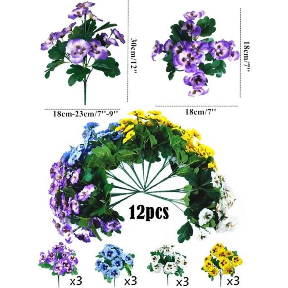 12 Bundles Artificial Flowers UV Resistant Artificial Pansies Faux Plastic - Picture 4 of 7